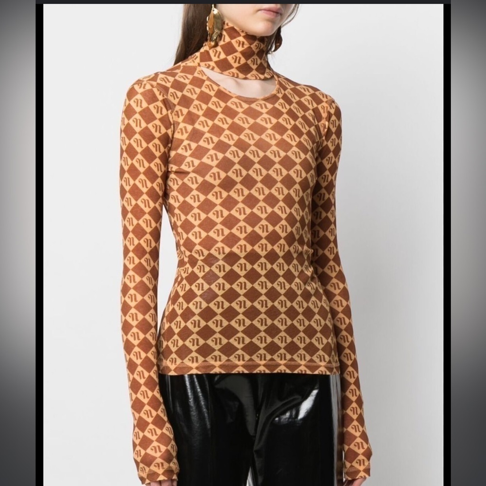 Nanushka Hanny High Neck Cutout Logo Mesh Blouse